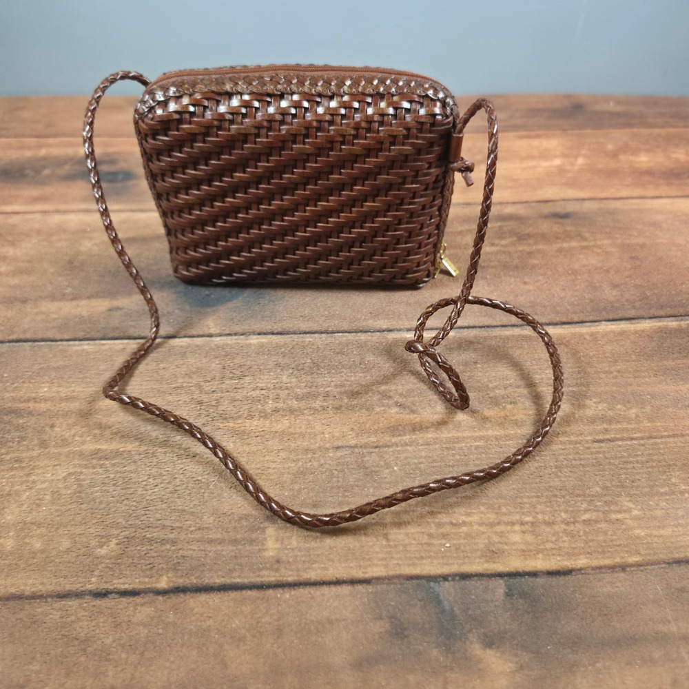 CEM Woven Leather Crossbody Bag Women Small Brown Good Basketweave Zipper
